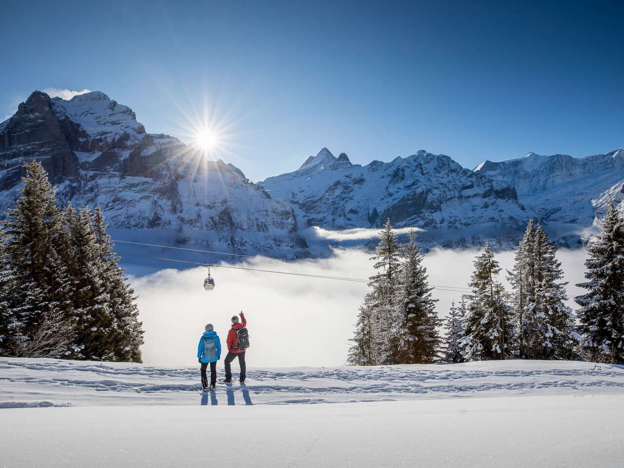 Winterwanderung auf verschneiten Winterwanderwegen rund um Grindelwald. Die Wanderer geniessen den sonnigen Tag und imposanten Ausblick auf den Eiger.