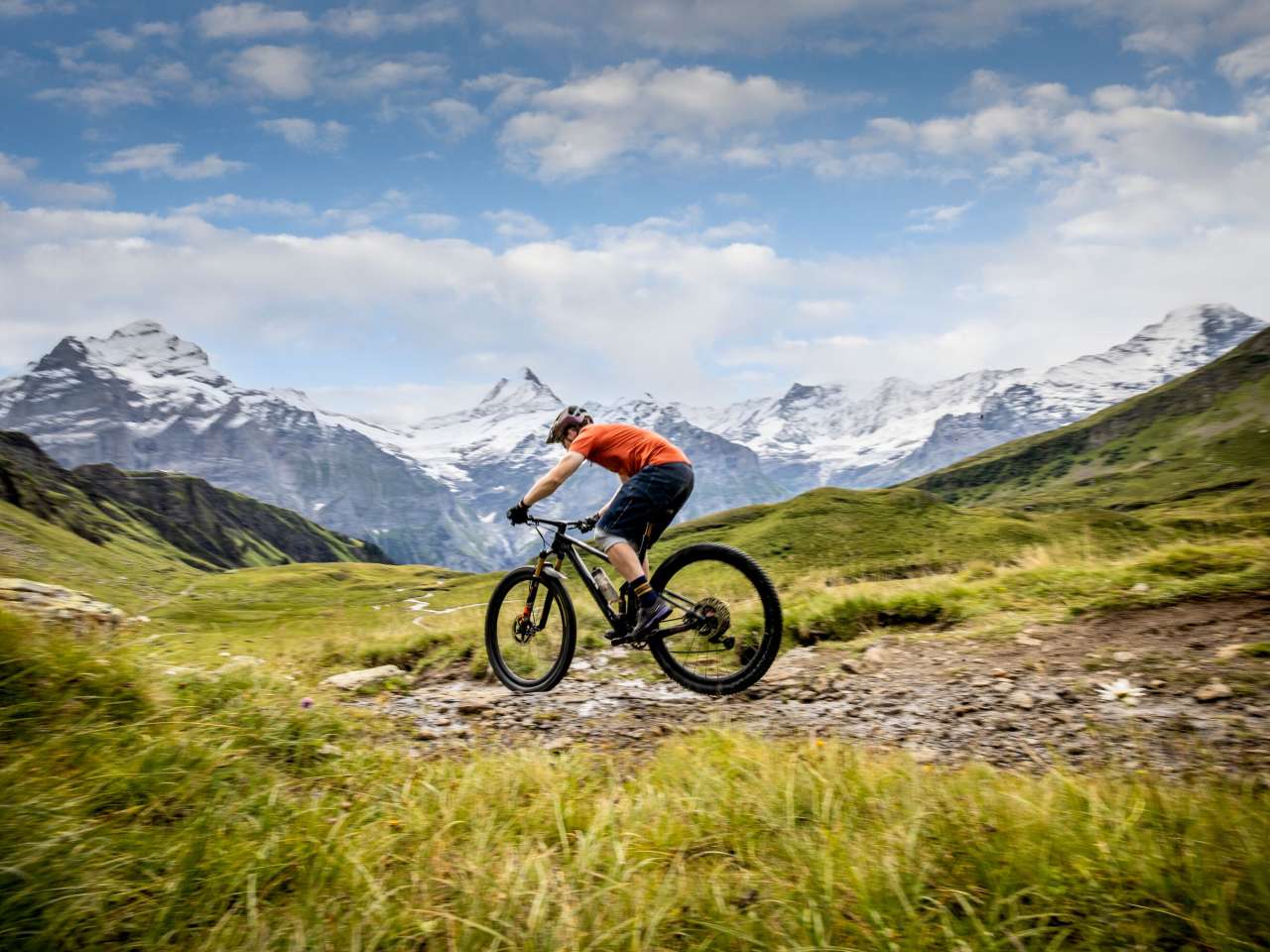 Ein Biker in einem roten T-Shirt fährt den Berg hinunter und im Hintergrund sieht man das Bergpanorama von Grindelwald.